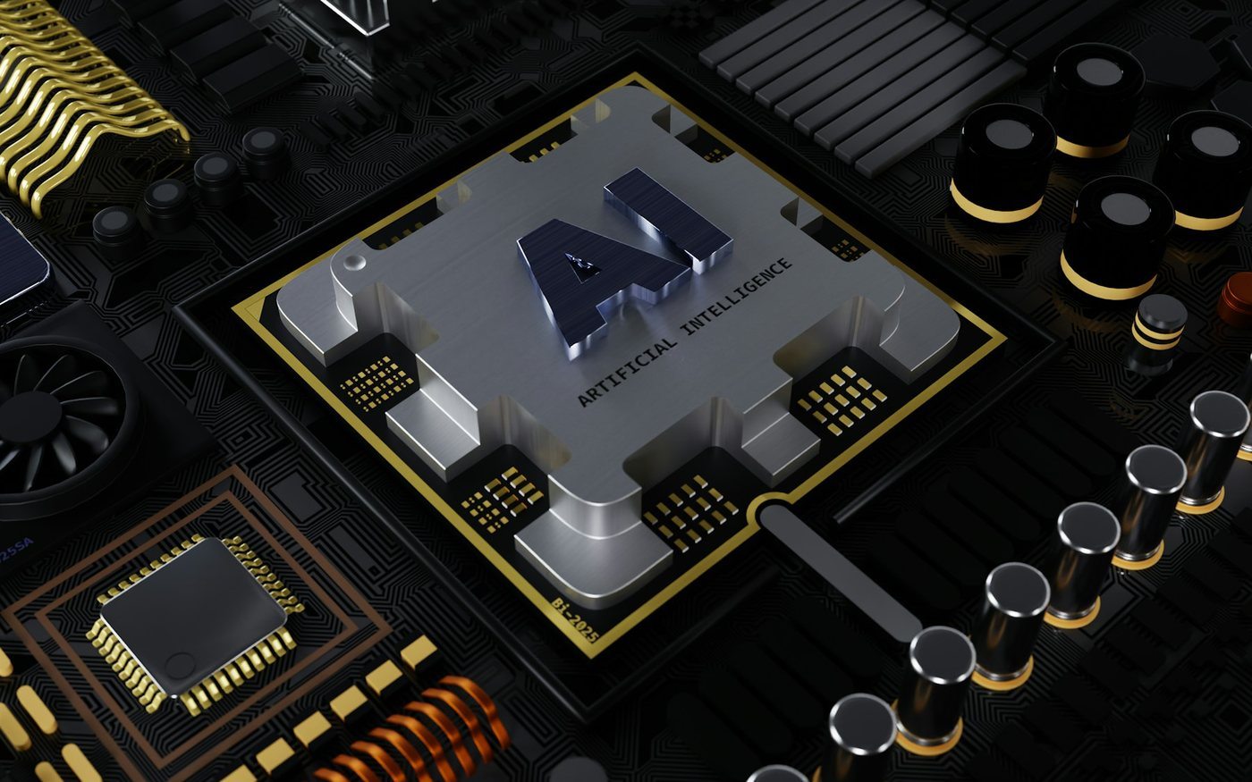 Computer processor with the letter A on top representing AI risk management in workplace systems.