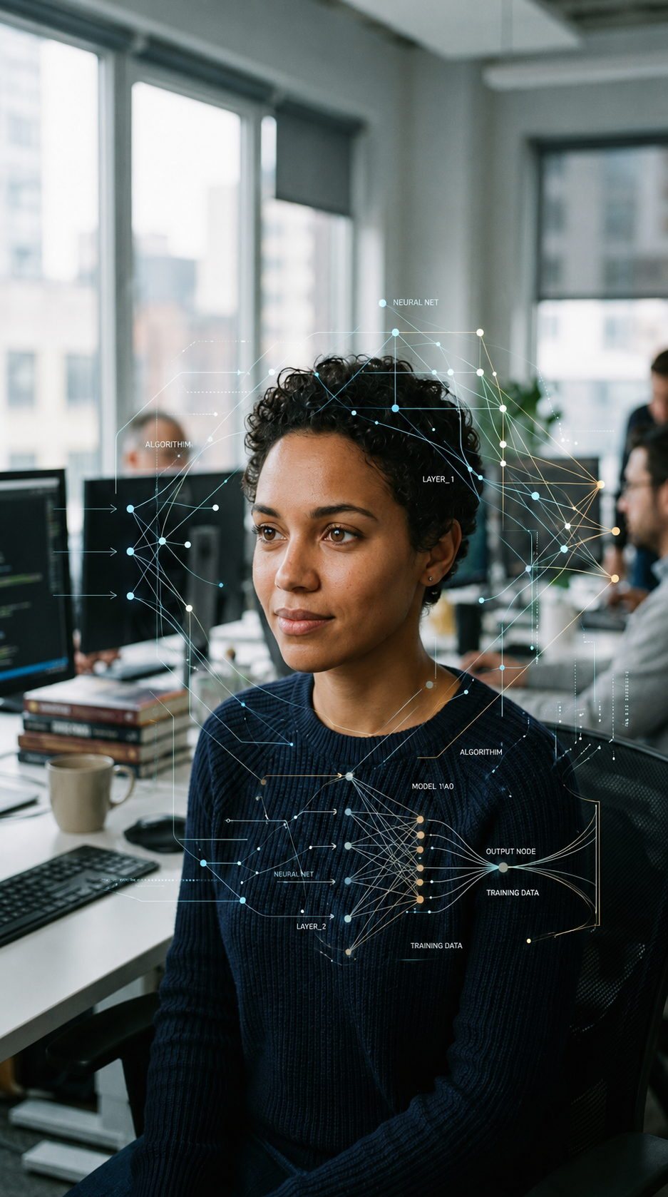 Workplace professional with neural network visualisation representing human oversight, AI governance and accountable AI review.