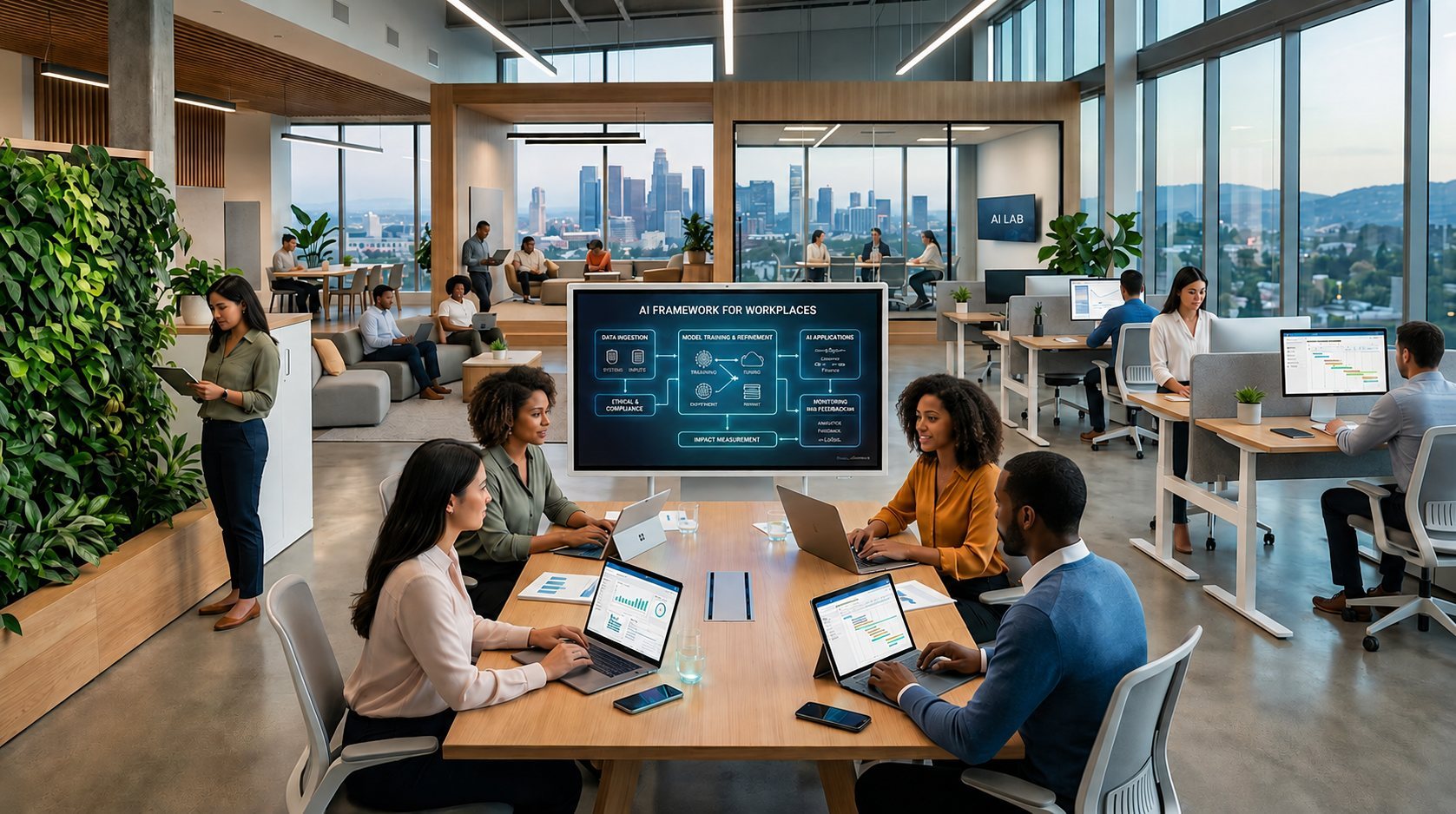 Australian workplace team reviewing an AI governance framework, AI risk controls and monitoring responsibilities in a modern office.